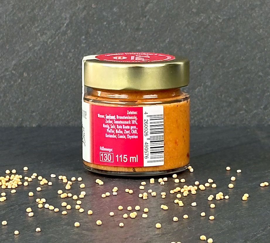 Scharfe Henne Senf 115 ml Glas Zutaten