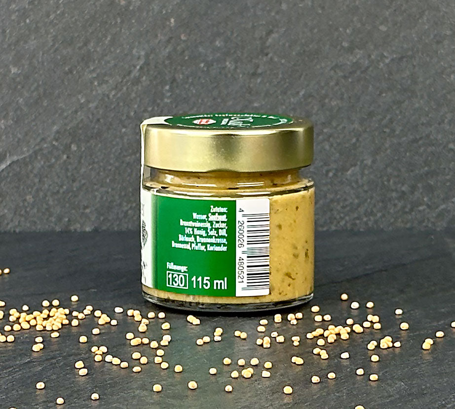 Wildkräuter Honig Senf 115 ml Glas Etikett