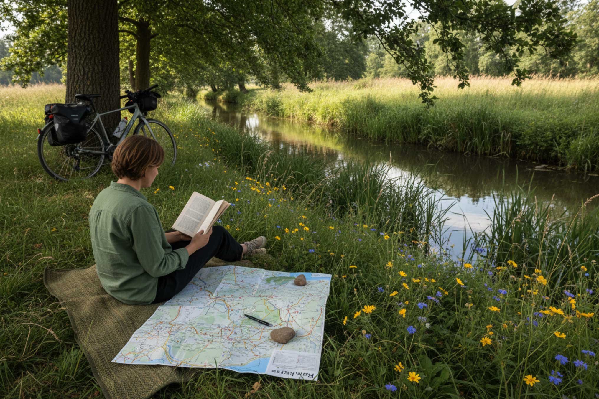 Person sitzt am Spreewaldfließ, liest ein Buch neben einer ausgebreiteten Radkarte, Fahrrad steht im Hintergrund – ruhige Pause während einer Radtour in der Natur.